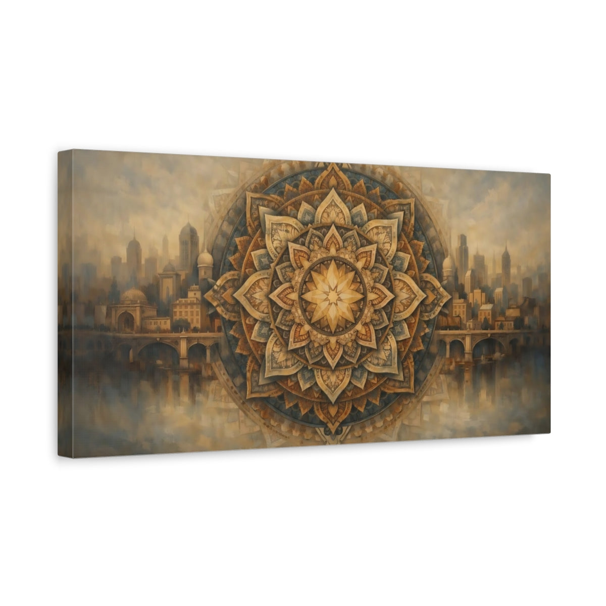 Side Mockup 3. Abstract Mandala Gold Blue Cityscape shown as stretched canvas wall art