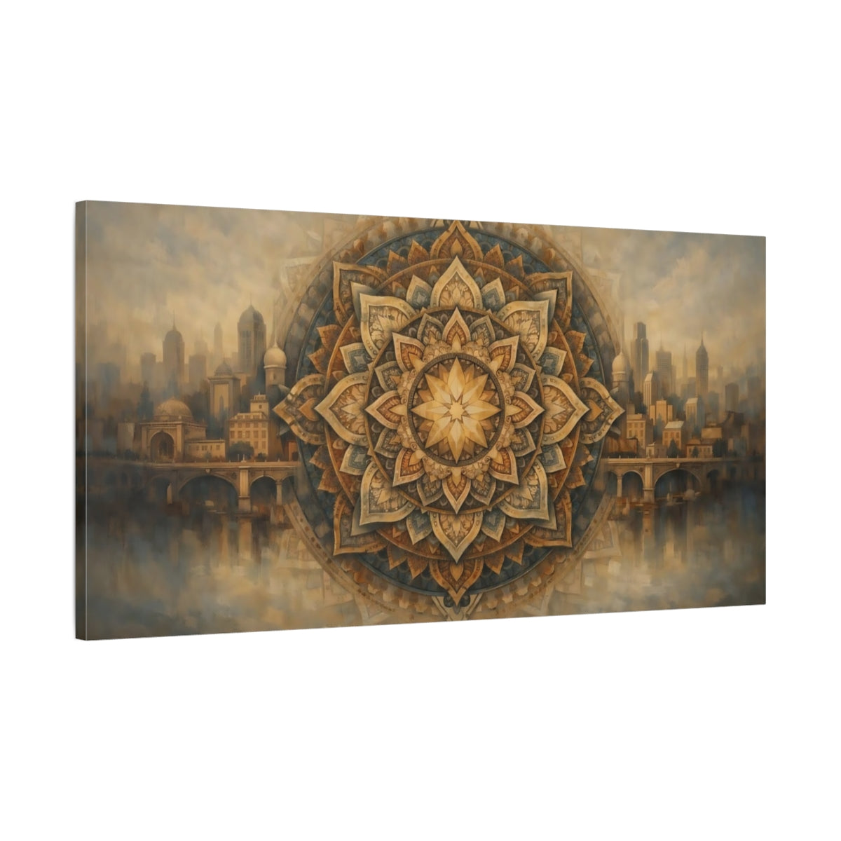 Side Mockup 1. Abstract Mandala Gold Blue Cityscape shown as stretched canvas wall art