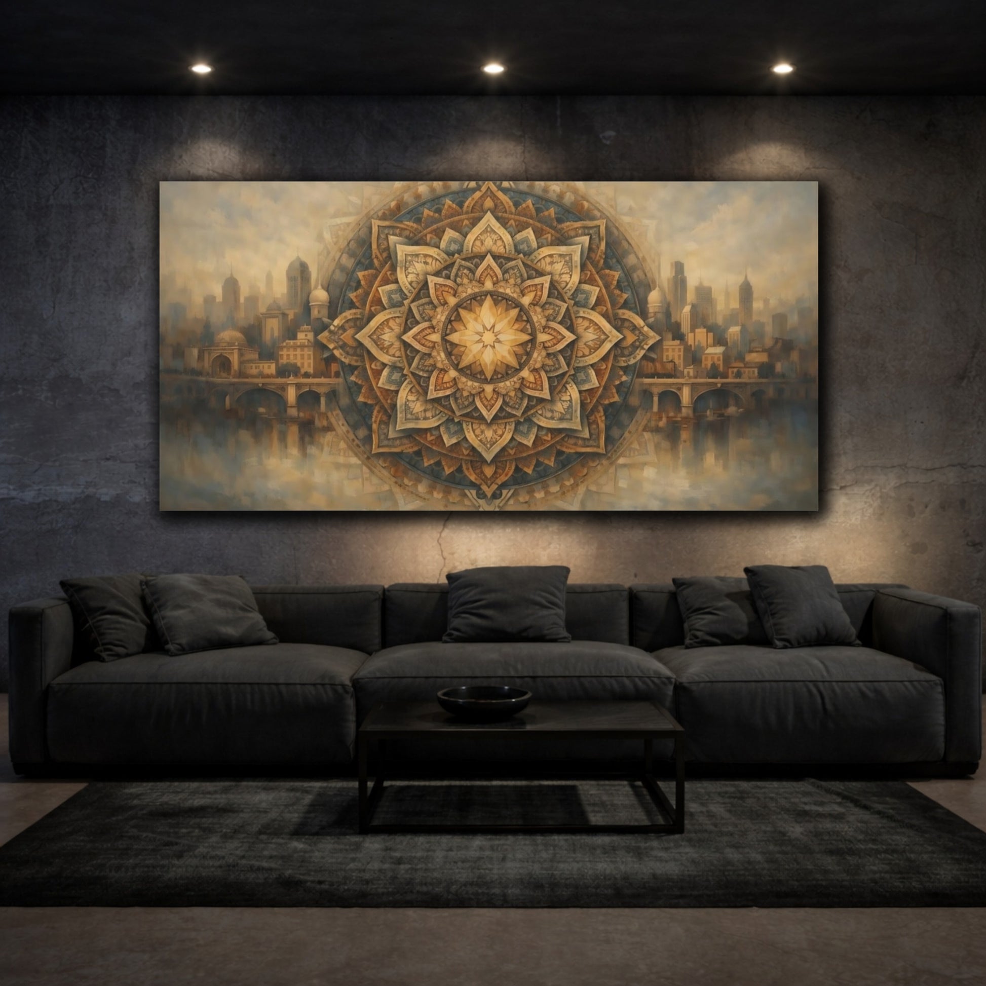 Mockup 2. Abstract Mandala Gold Blue Cityscape shown as stretched canvas wall art