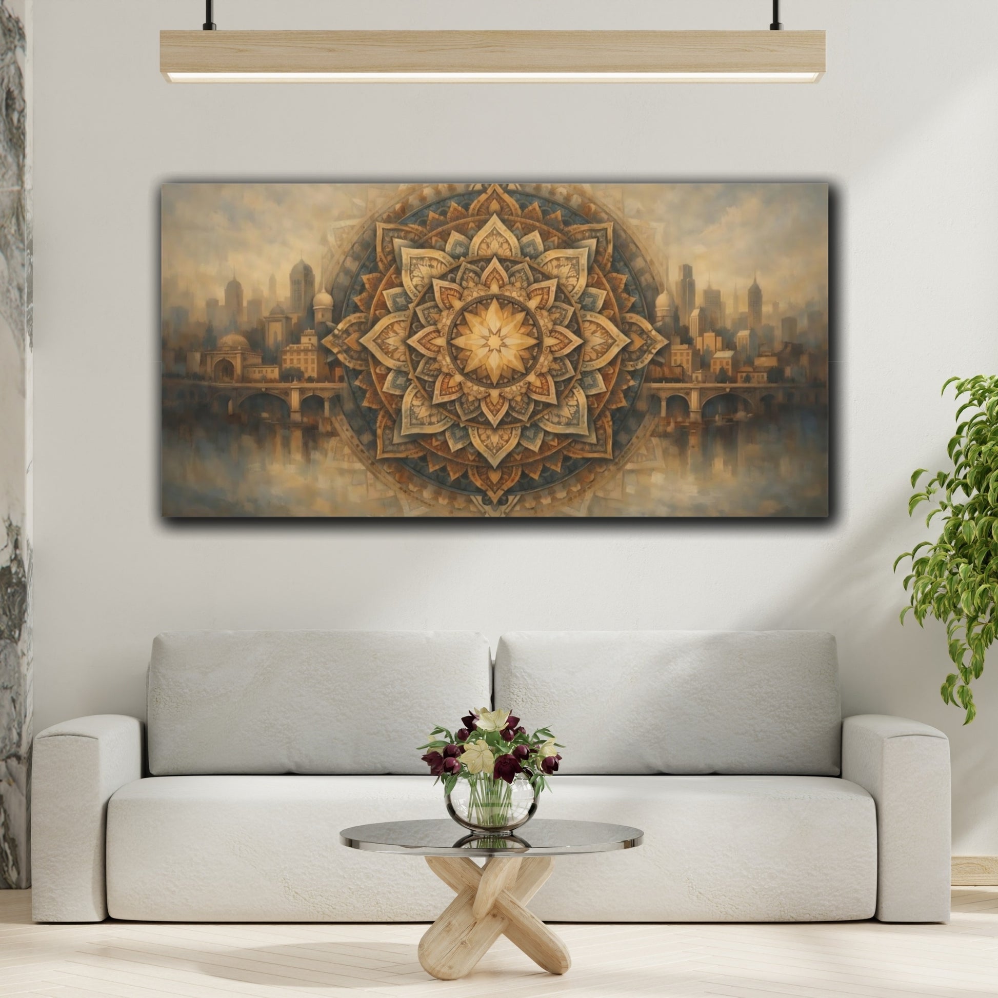 Mockup 3. Abstract Mandala Gold Blue Cityscape shown as stretched canvas wall art
