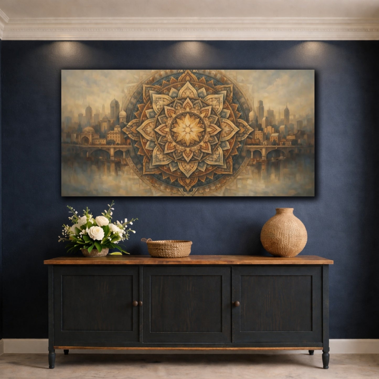 Mockup 4. Abstract Mandala Gold Blue Cityscape shown as stretched canvas wall art