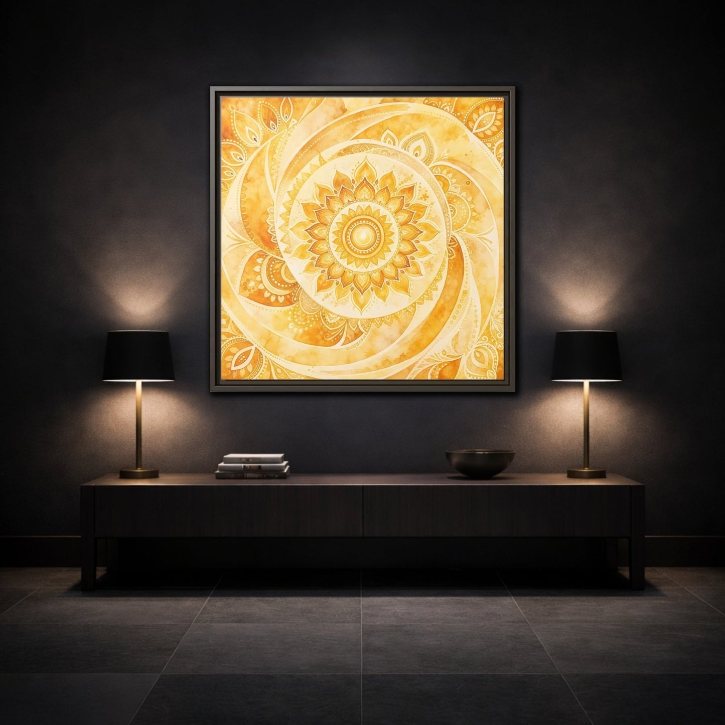 Abstract Mandala Golden Yellow Framed Canvas Print – Living Room, Above Couch - YesArtYes
