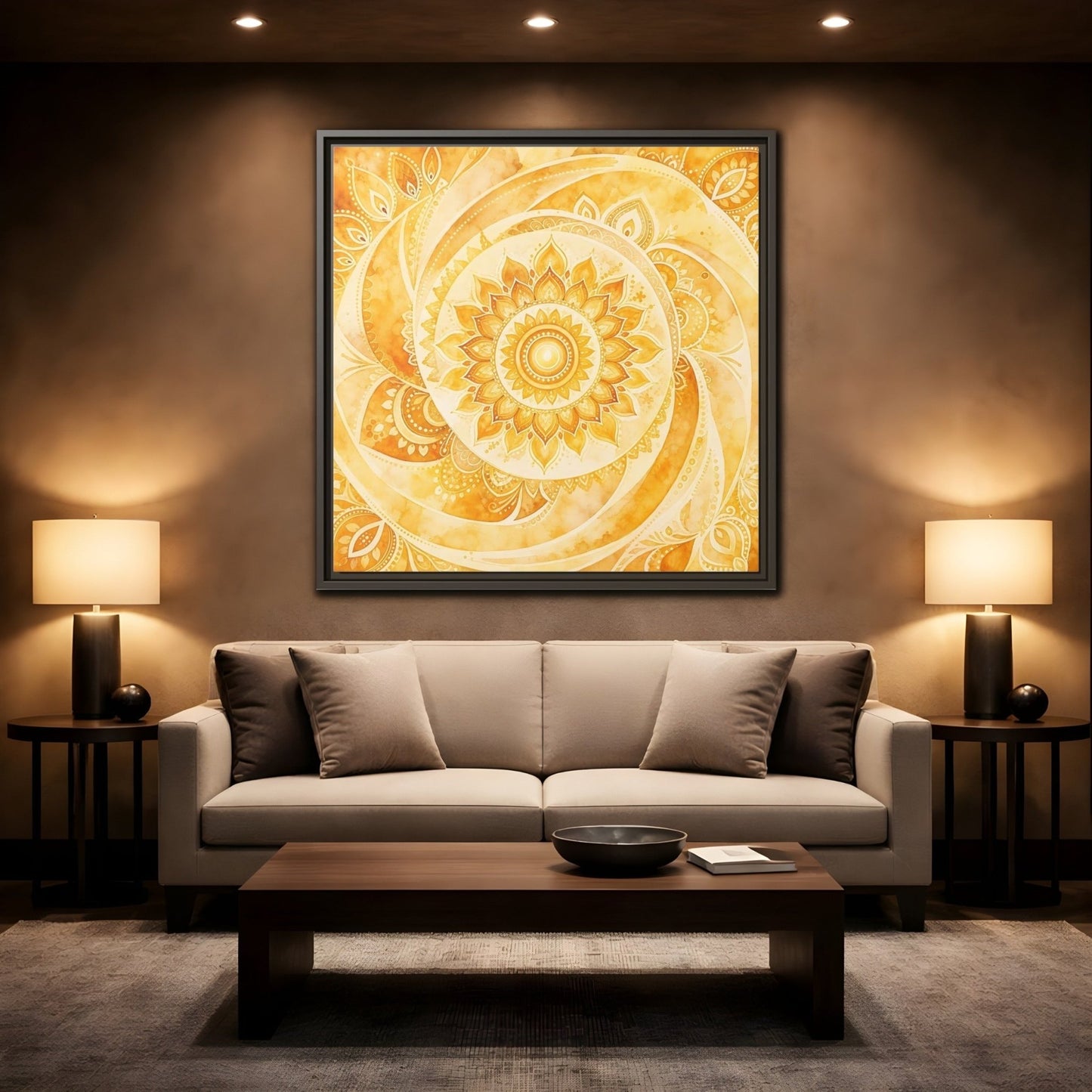 Abstract Mandala Golden Yellow Framed Canvas Print – Living Room, Above Couch - YesArtYes