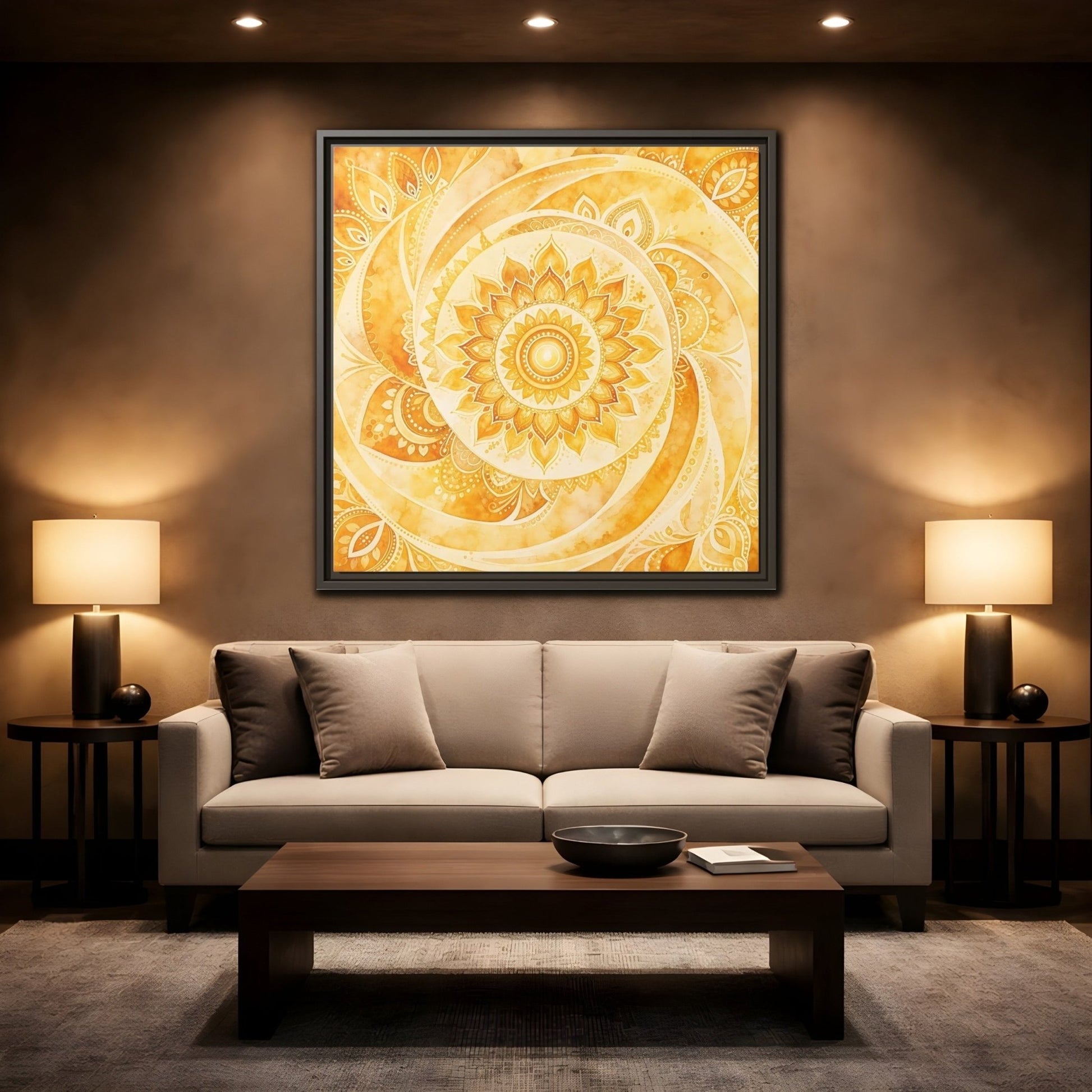 Abstract Mandala Golden Yellow Framed Canvas Print – Living Room, Above Couch - YesArtYes