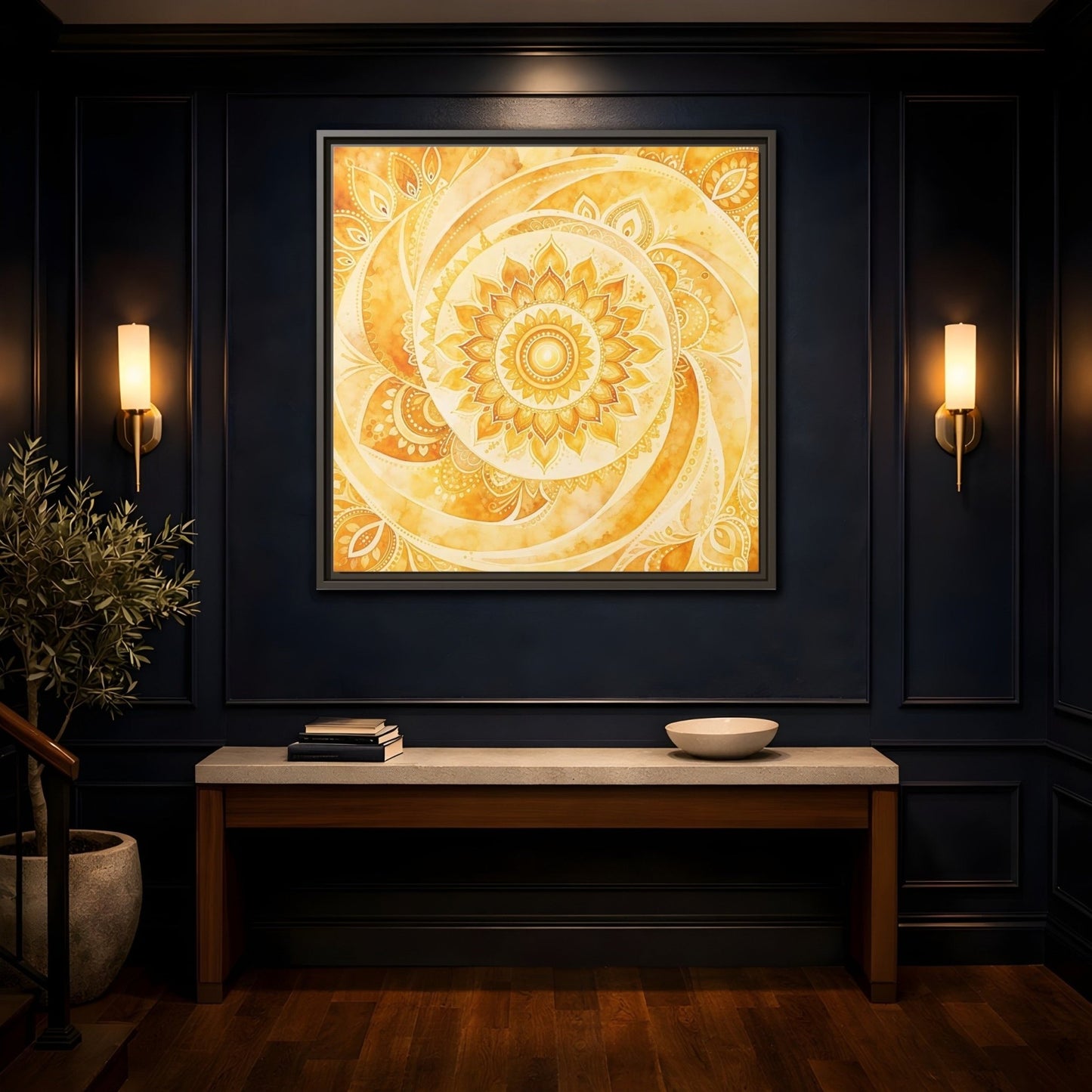 Abstract Mandala Golden Yellow Framed Canvas Print – Living Room, Above Couch - YesArtYes