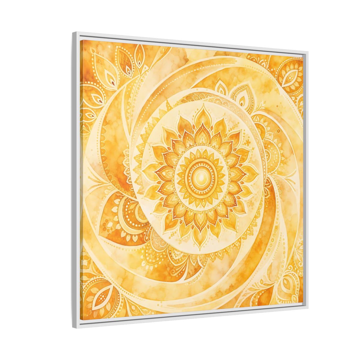Side Mockup 4. Abstract Mandala Golden Yellow Mandala shown as framed canvas print