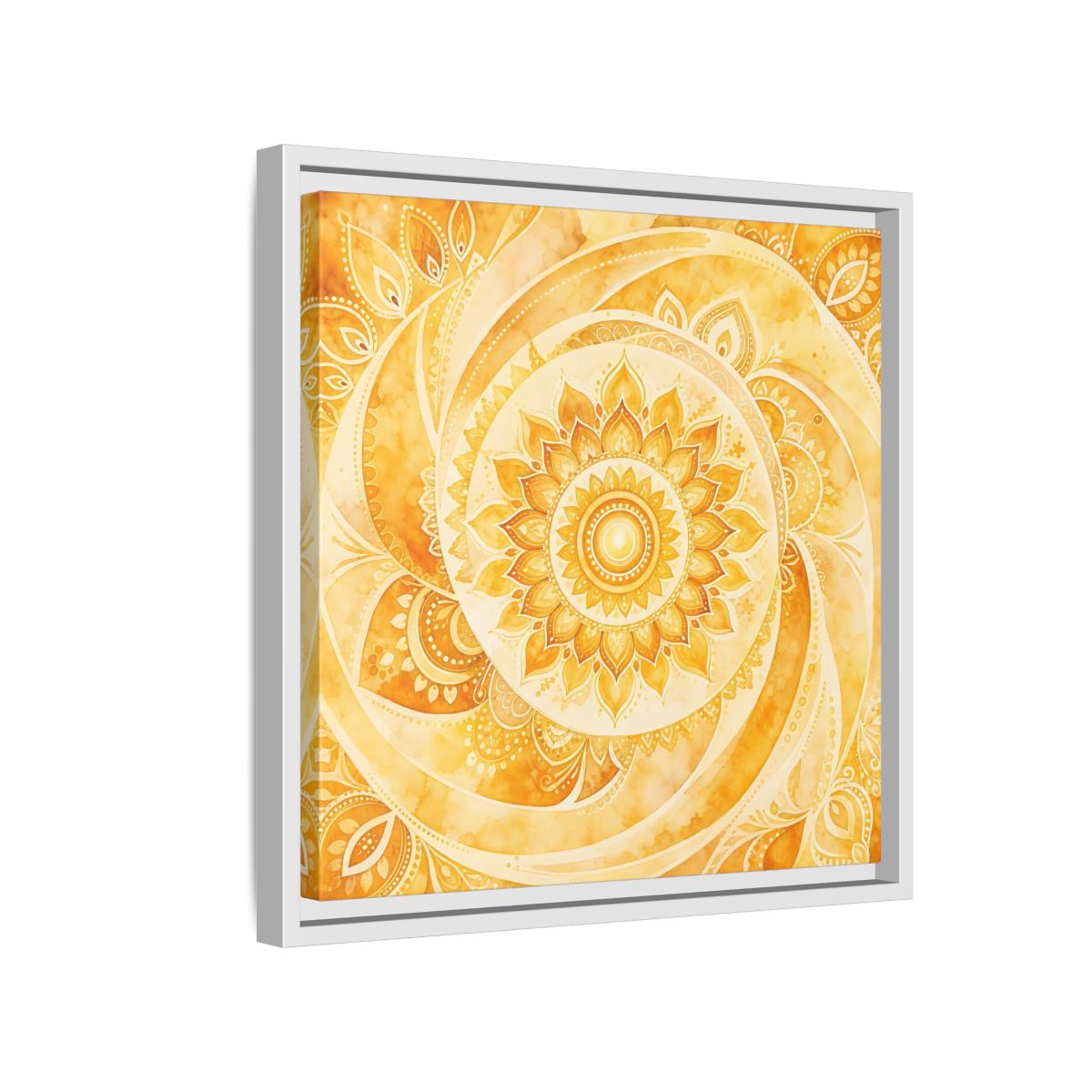 Side Mockup 13. Abstract Mandala Golden Yellow Mandala shown as framed canvas print