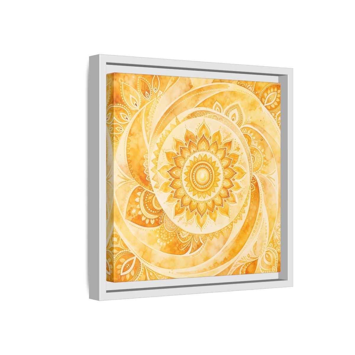 Side Mockup 16. Abstract Mandala Golden Yellow Mandala shown as framed canvas print