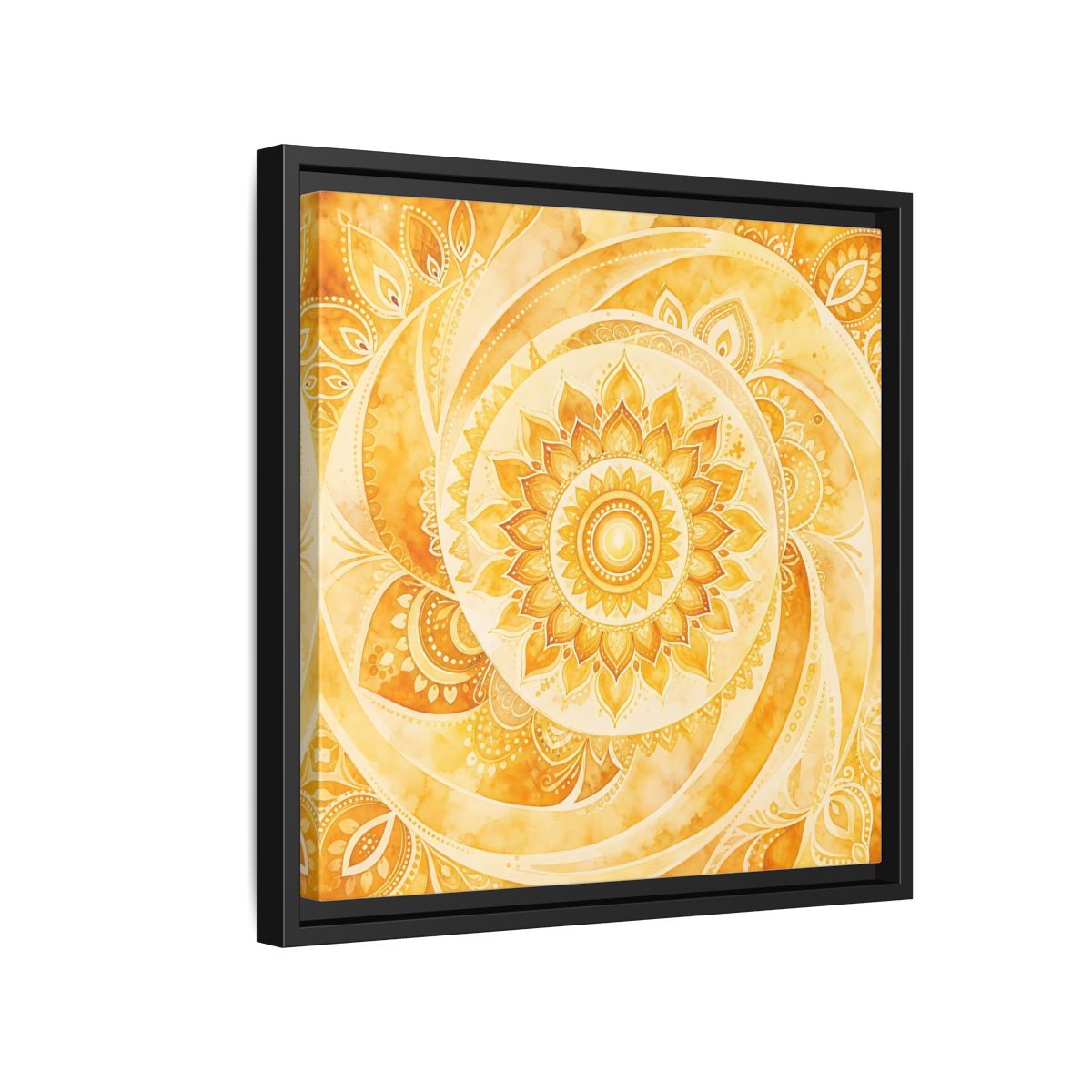 Side Mockup 15. Abstract Mandala Golden Yellow Mandala shown as framed canvas print