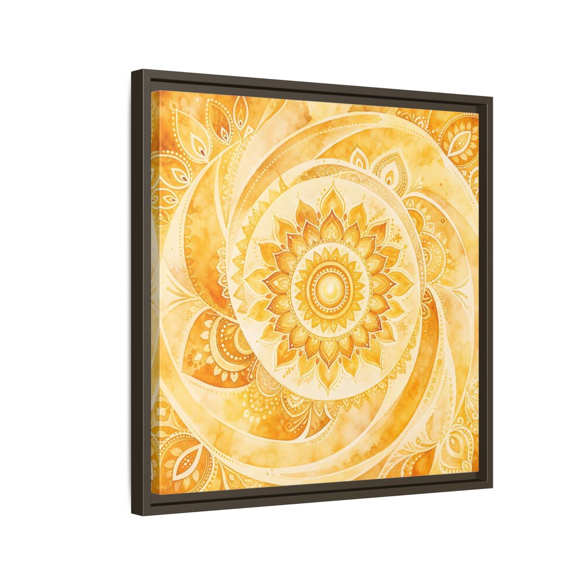 Side Mockup 11. Abstract Mandala Golden Yellow Mandala shown as framed canvas print