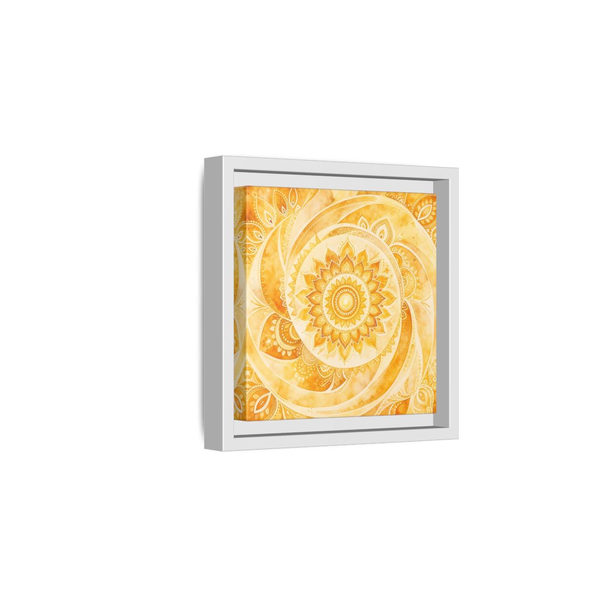 Side Mockup 1. Abstract Mandala Golden Yellow Mandala shown as framed canvas print