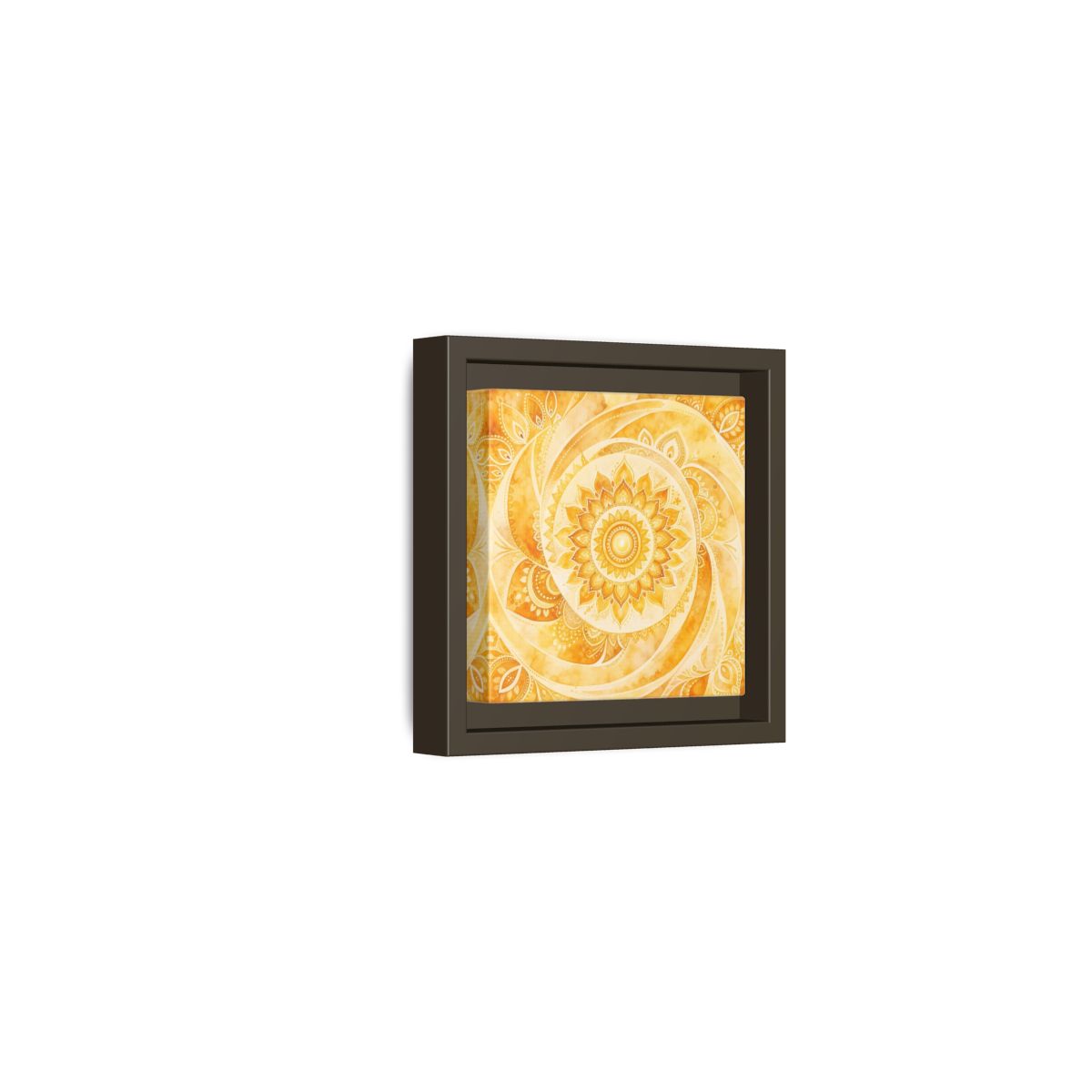 Side Mockup 23. Abstract Mandala Golden Yellow Mandala shown as framed canvas print