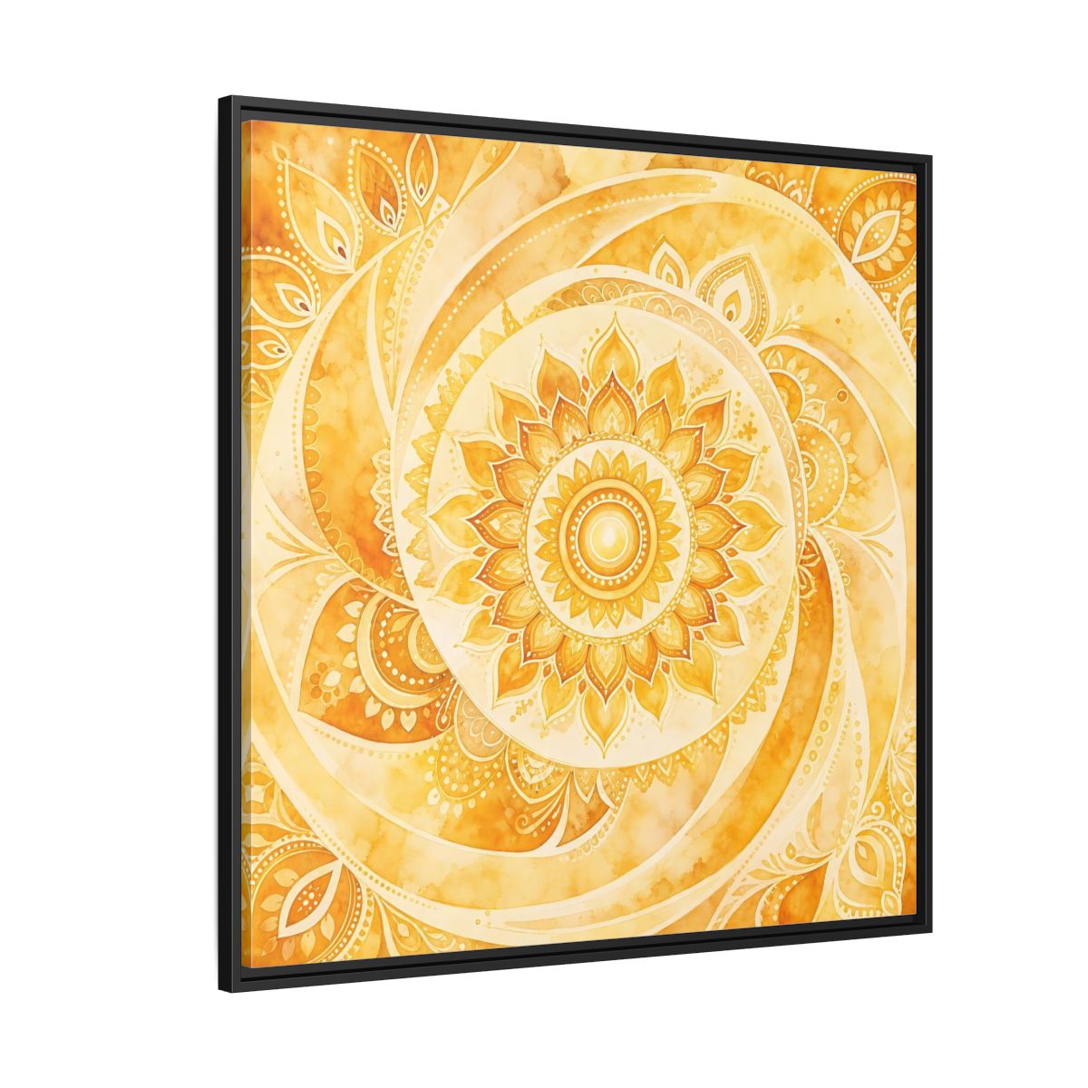 Side Mockup 6. Abstract Mandala Golden Yellow Mandala shown as framed canvas print