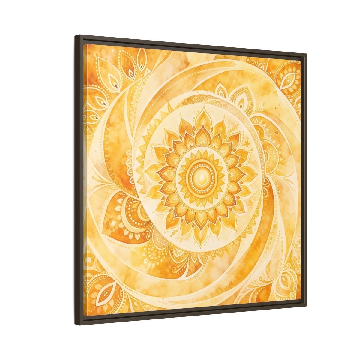 Side Mockup 8. Abstract Mandala Golden Yellow Mandala shown as framed canvas print
