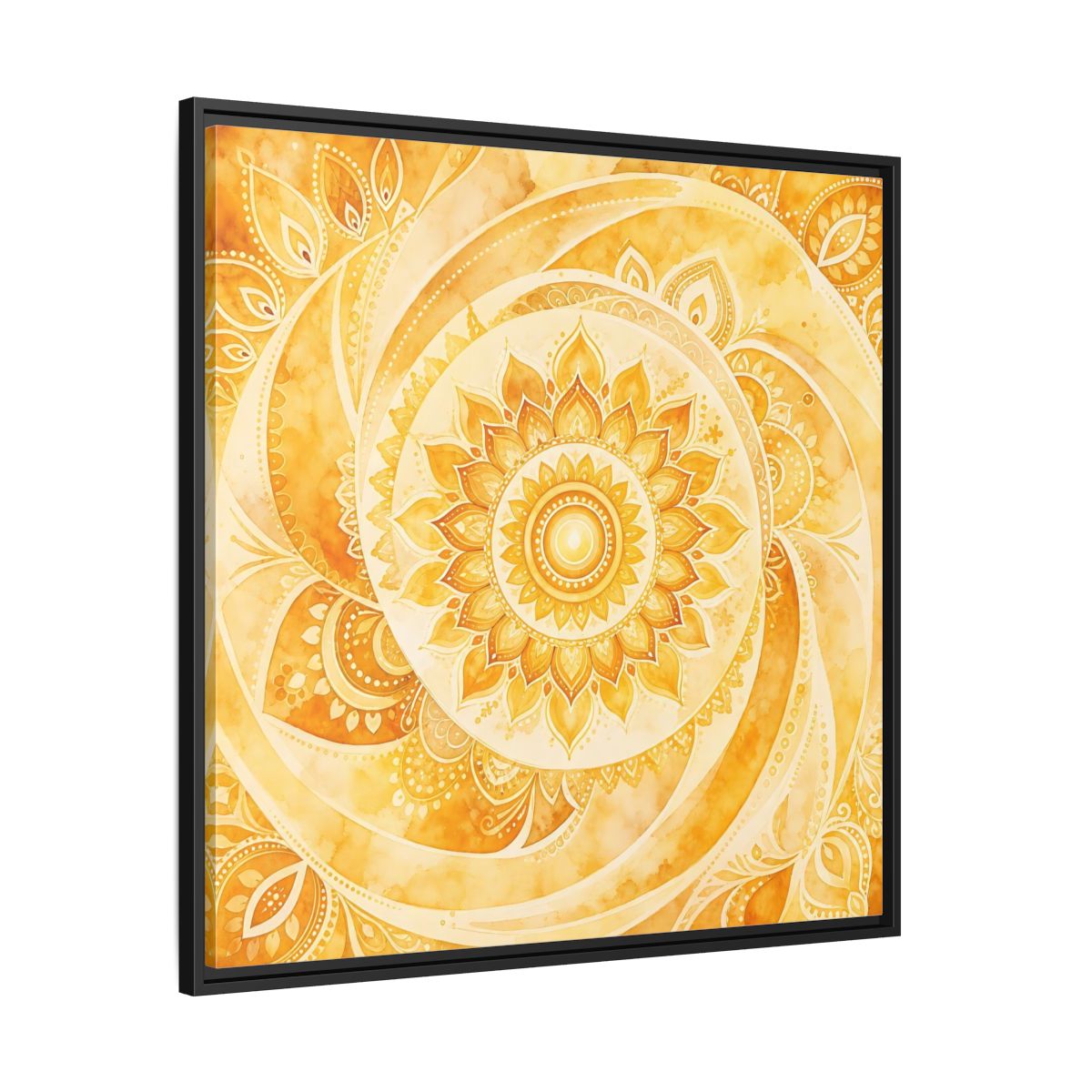 Side Mockup 30. Abstract Mandala Golden Yellow Mandala shown as framed canvas print