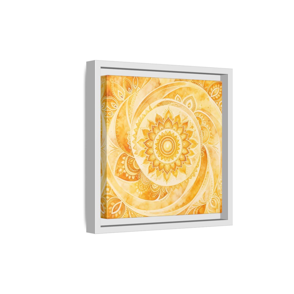 Side Mockup 19. Abstract Mandala Golden Yellow Mandala shown as framed canvas print