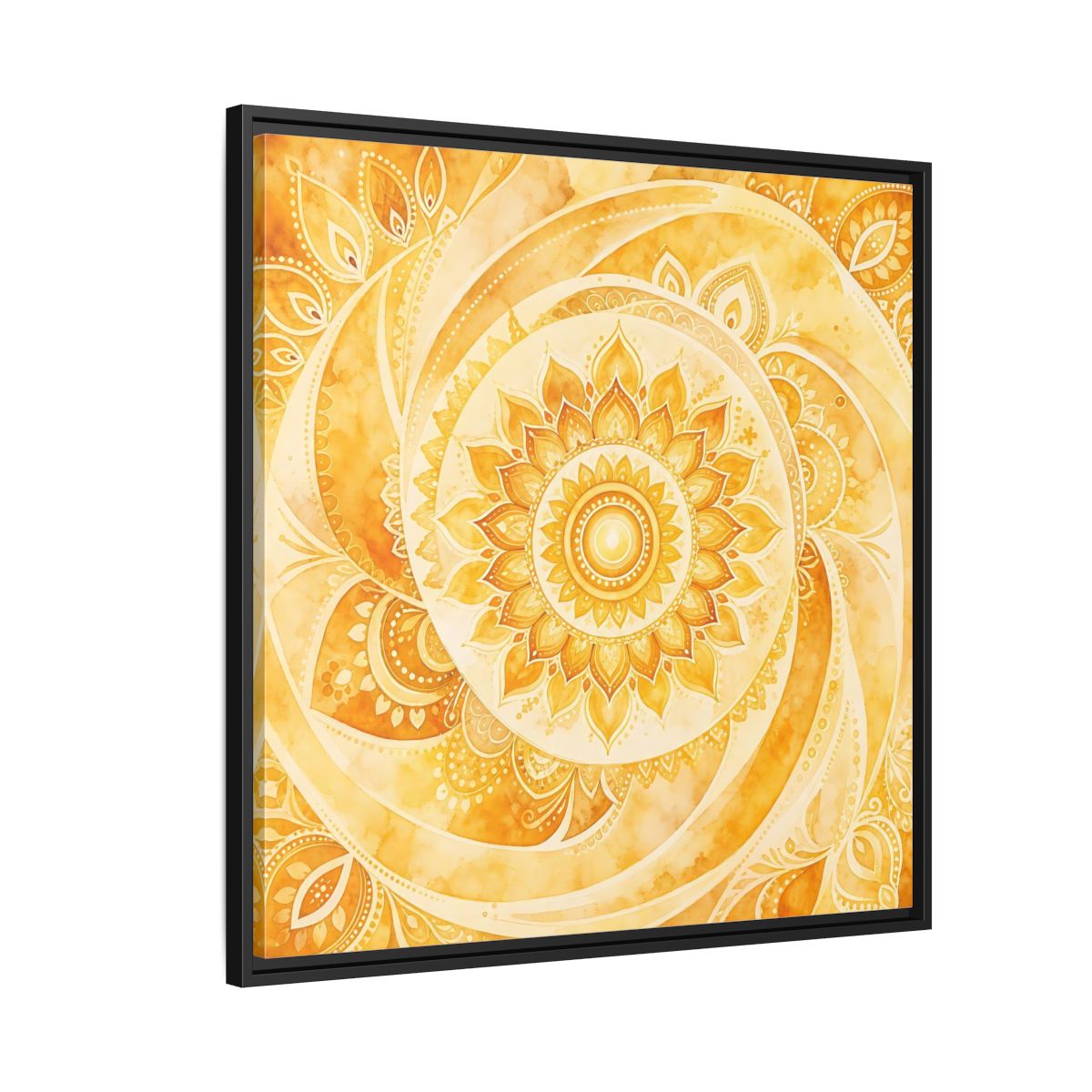 Side Mockup 9. Abstract Mandala Golden Yellow Mandala shown as framed canvas print