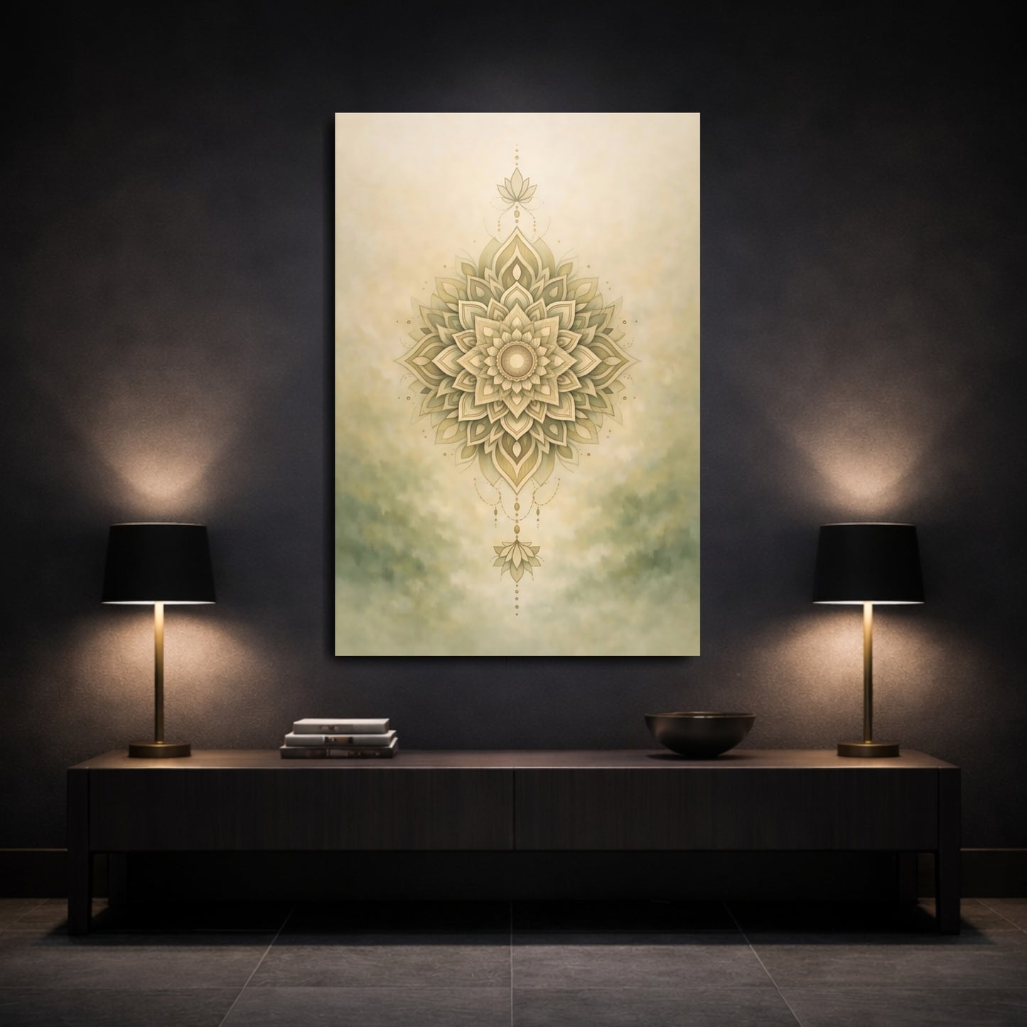 Mockup 2. Abstract Mandala Neutral Mandala shown as stretched canvas wall art