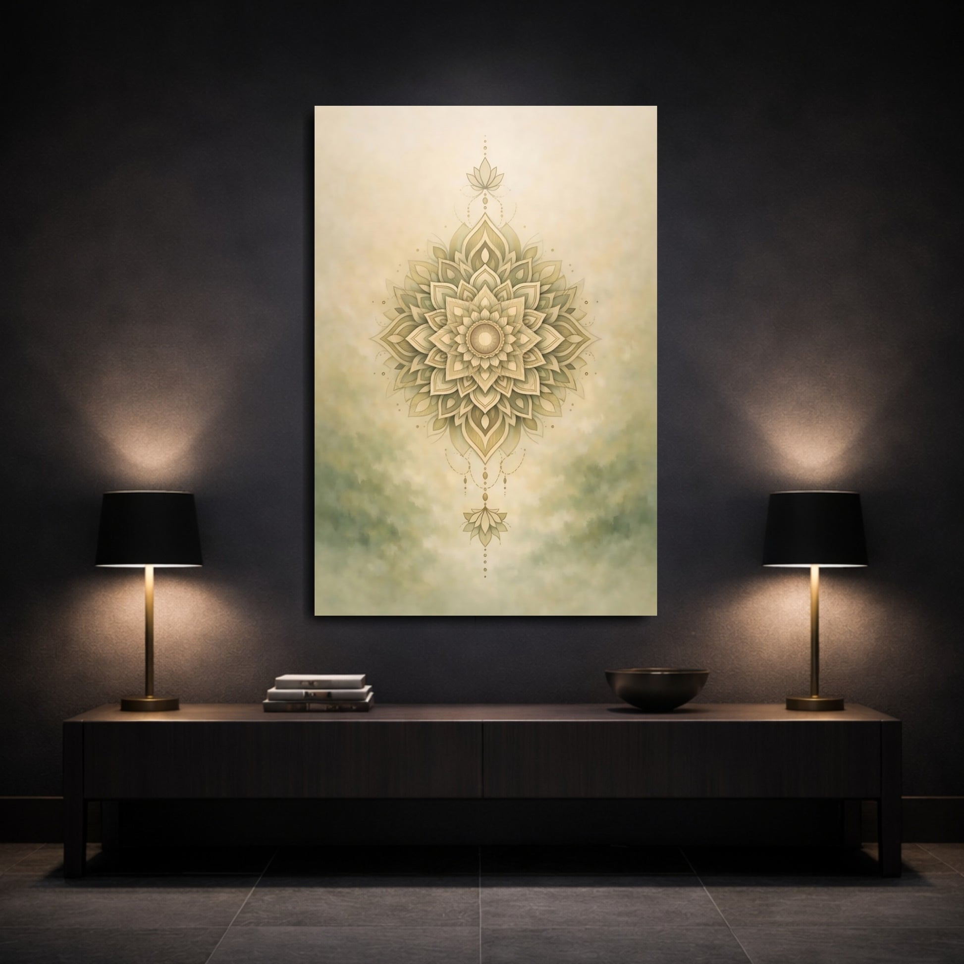 Mockup 2. Abstract Mandala Neutral Mandala shown as stretched canvas wall art