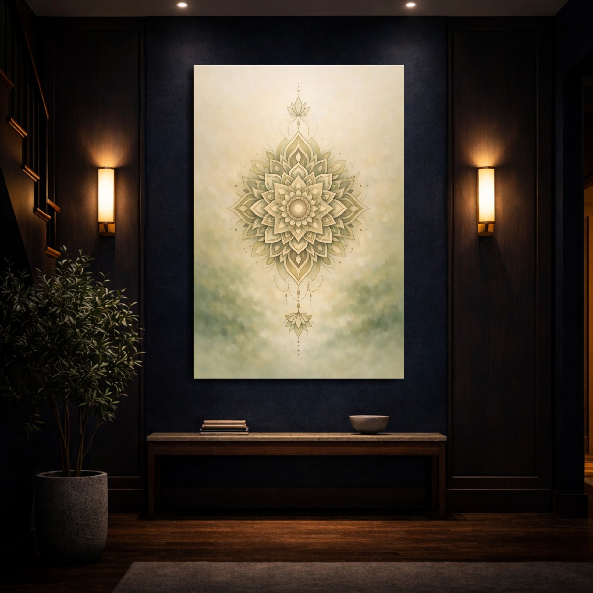Mockup 3. Abstract Mandala Neutral Mandala shown as stretched canvas wall art