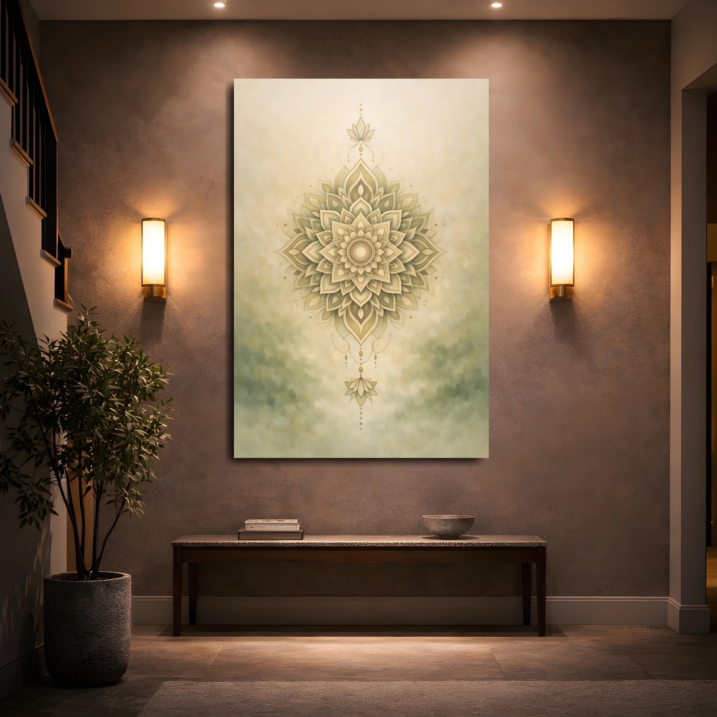 Mockup 4. Abstract Mandala Neutral Mandala shown as stretched canvas wall art