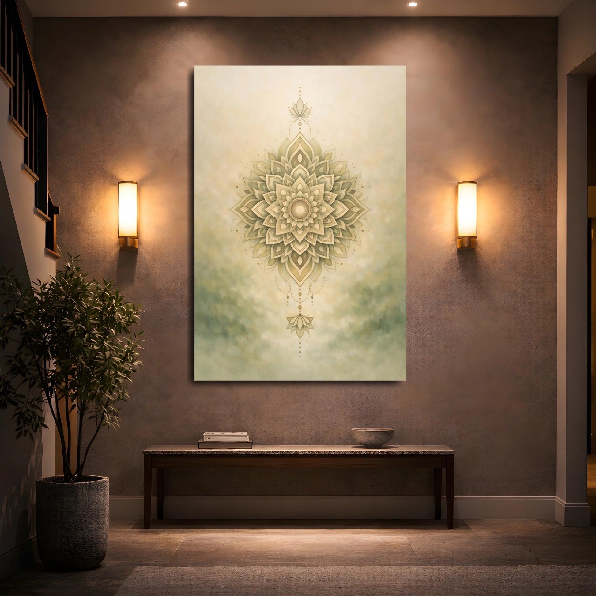 Mockup 4. Abstract Mandala Neutral Mandala shown as stretched canvas wall art