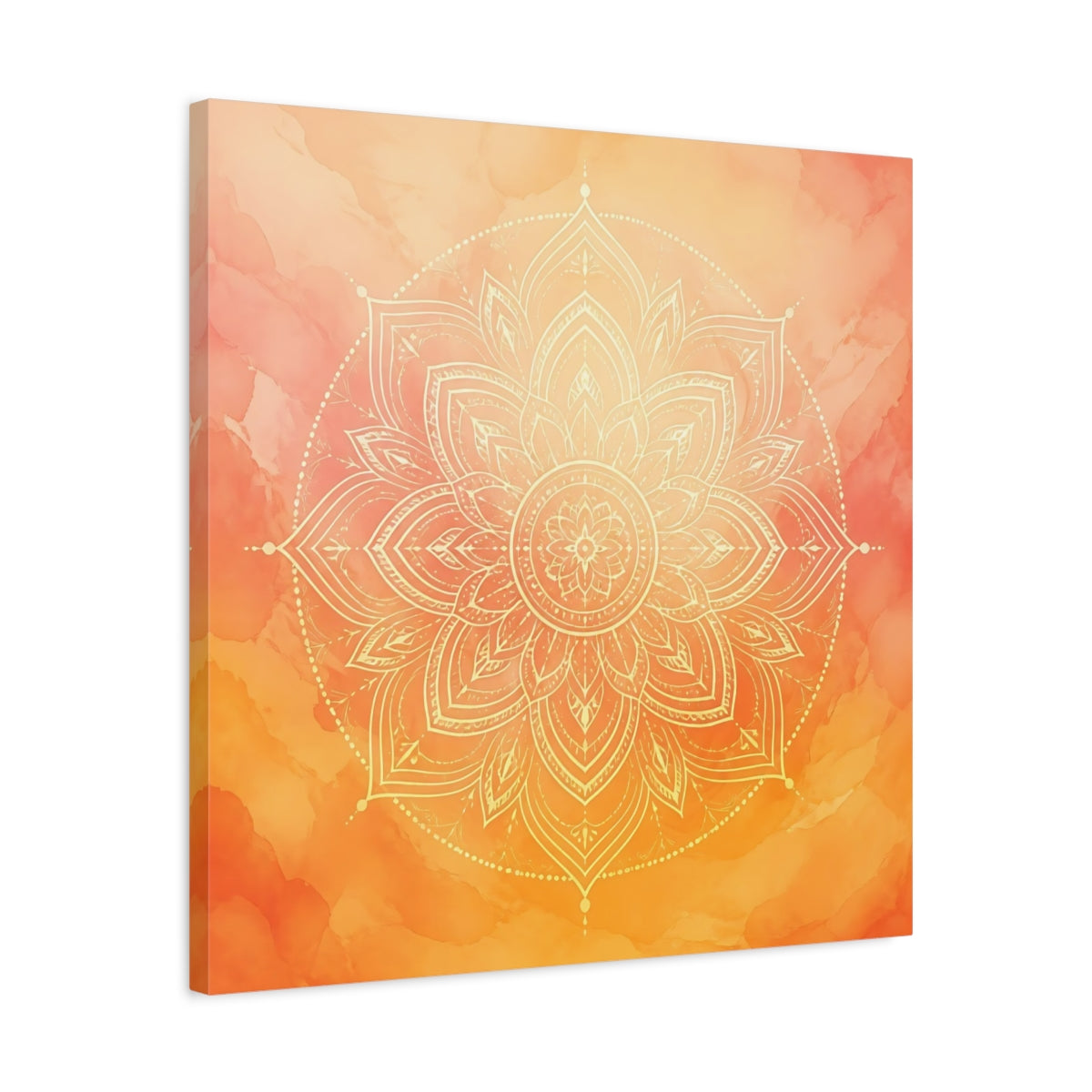 Side Mockup 4. Abstract Mandala Orange Mandala shown as canvas print