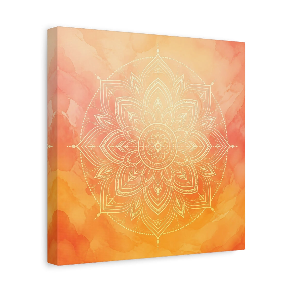 Side Mockup 8. Abstract Mandala Orange Mandala shown as canvas print