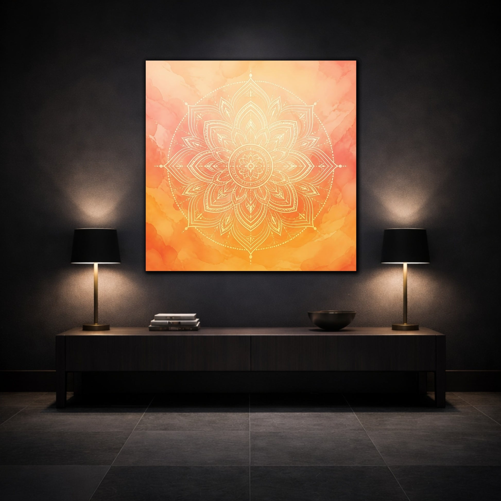 Mockup 3. Abstract Mandala Orange Mandala shown as canvas print