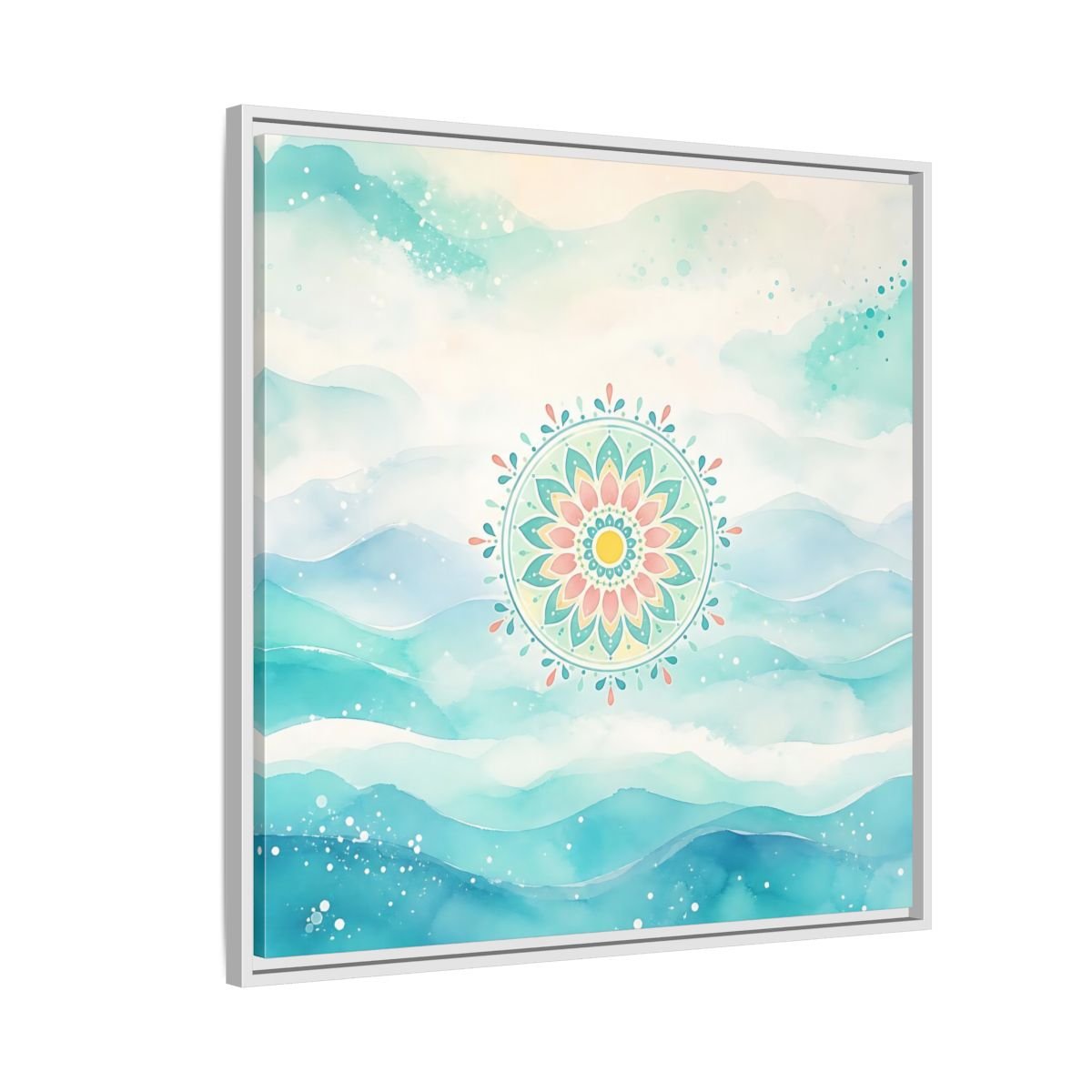 Abstract Mandala Teal Framed Canvas Print Wall Art – watercolor Living Room, Above Couch - YesArtYes
