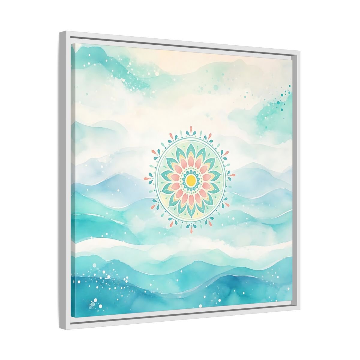 Abstract Mandala Teal Framed Canvas Print Wall Art – watercolor Living Room, Above Couch - YesArtYes