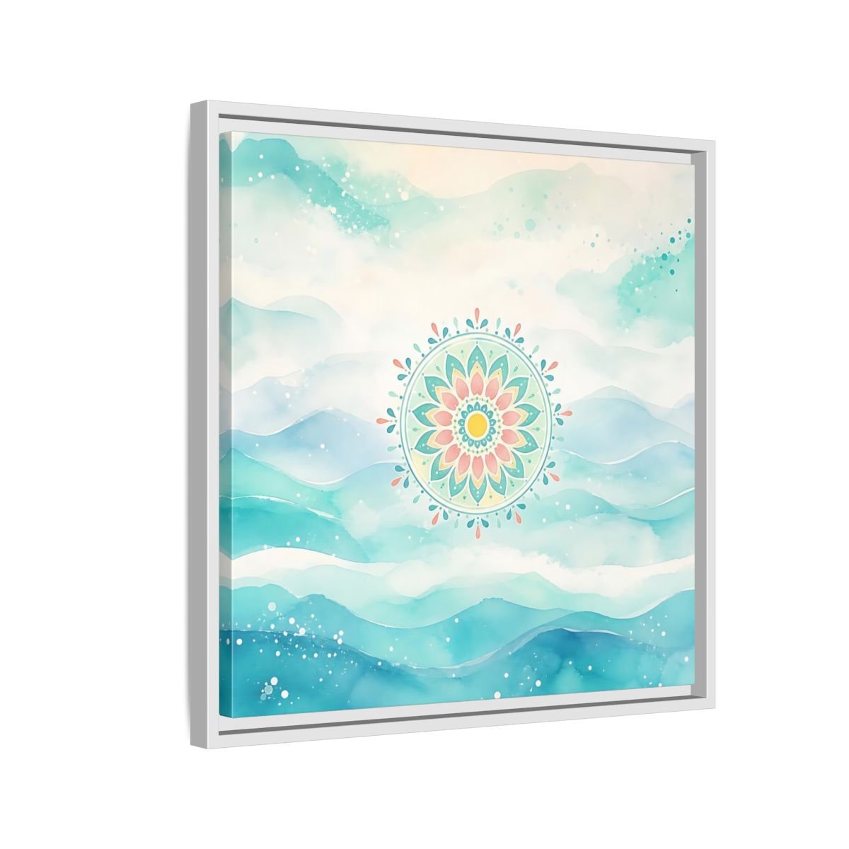 Abstract Mandala Teal Framed Canvas Print Wall Art – watercolor Living Room, Above Couch - YesArtYes