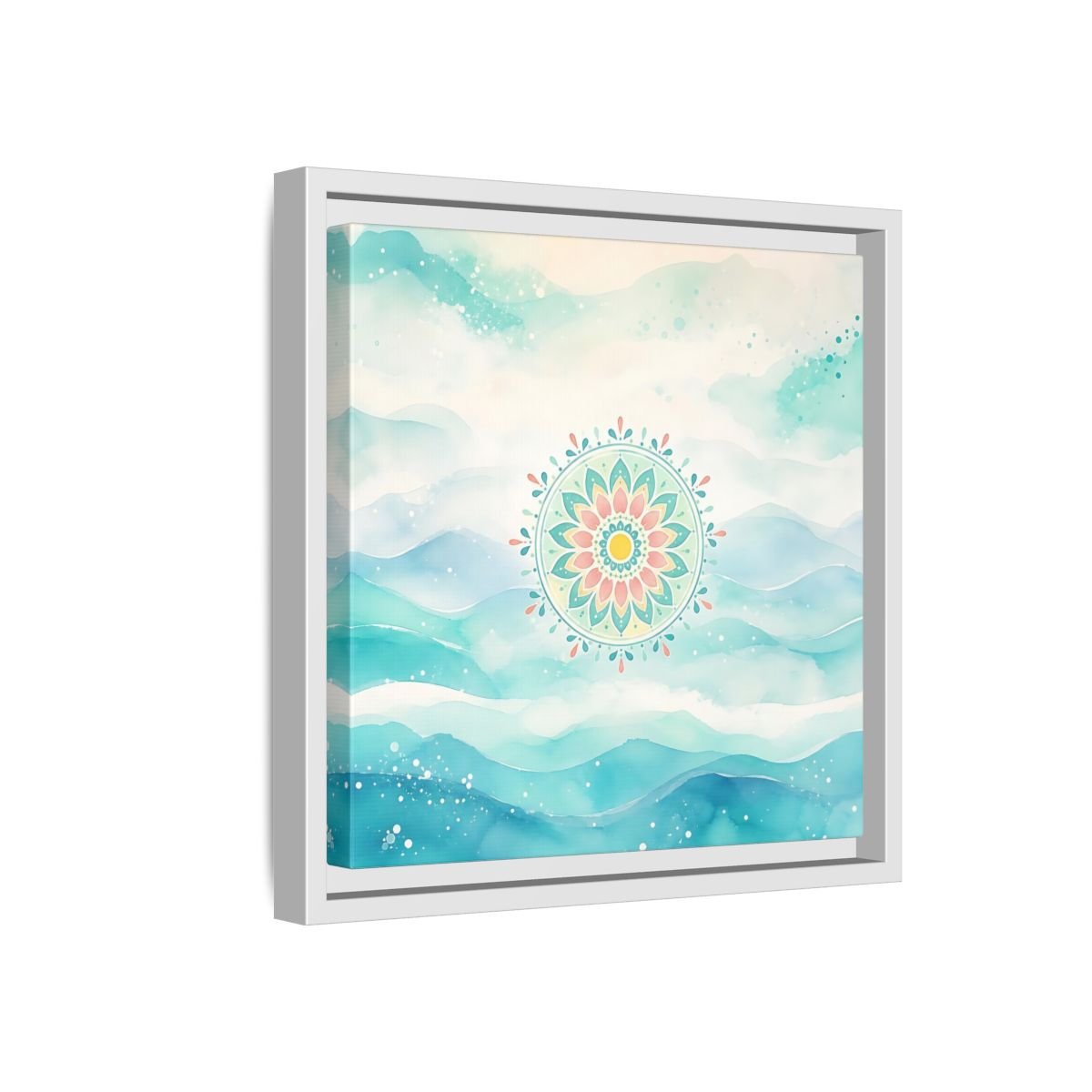 Abstract Mandala Teal Framed Canvas Print Wall Art – watercolor Living Room, Above Couch - YesArtYes