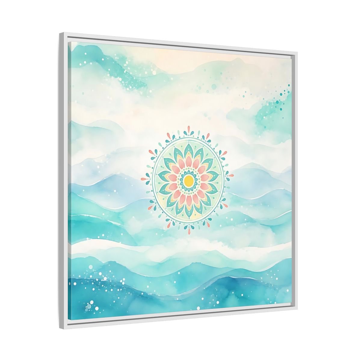 Abstract Mandala Teal Framed Canvas Print Wall Art – watercolor Living Room, Above Couch - YesArtYes