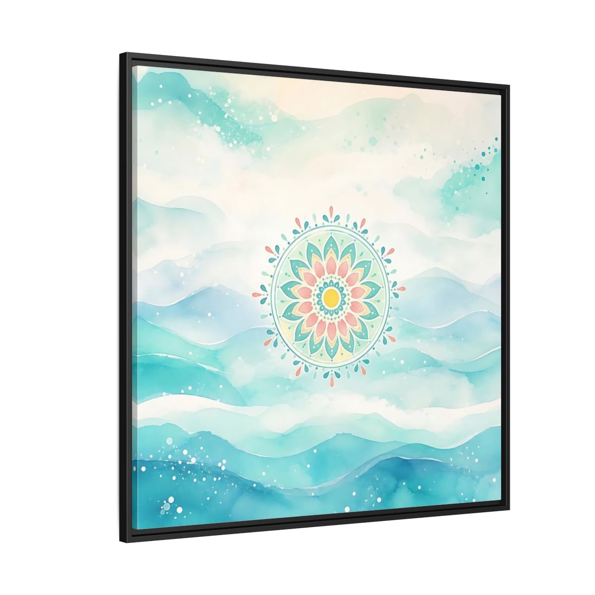 Abstract Mandala Teal Framed Canvas Print Wall Art – watercolor Living Room, Above Couch - YesArtYes