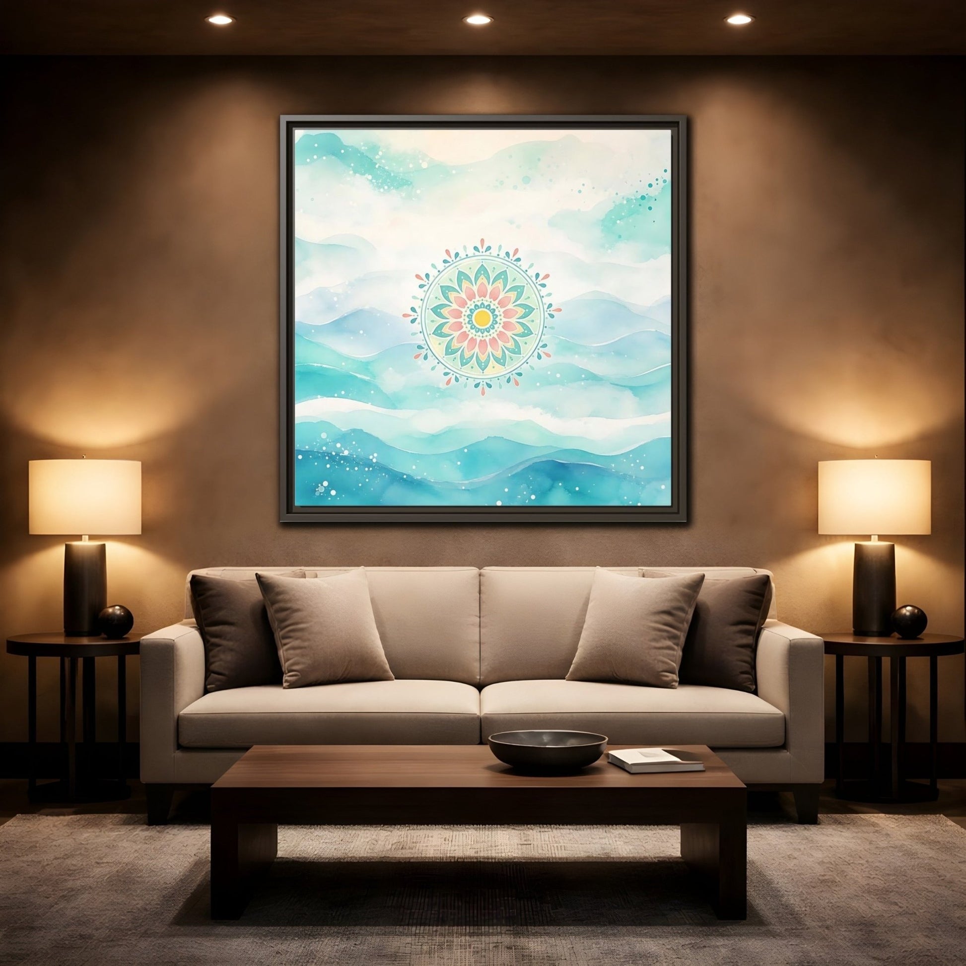 Abstract Mandala Teal Framed Canvas Print Wall Art – watercolor Living Room, Above Couch - YesArtYes