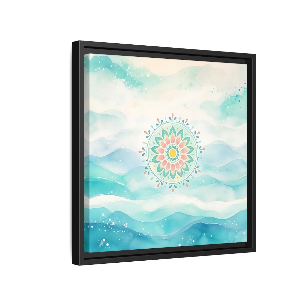 Abstract Mandala Teal Framed Canvas Print Wall Art – watercolor Living Room, Above Couch - YesArtYes