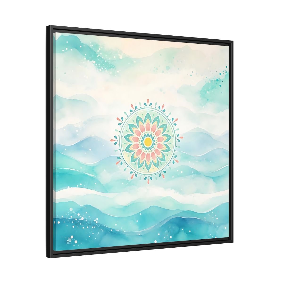 Abstract Mandala Teal Framed Canvas Print Wall Art – watercolor Living Room, Above Couch - YesArtYes