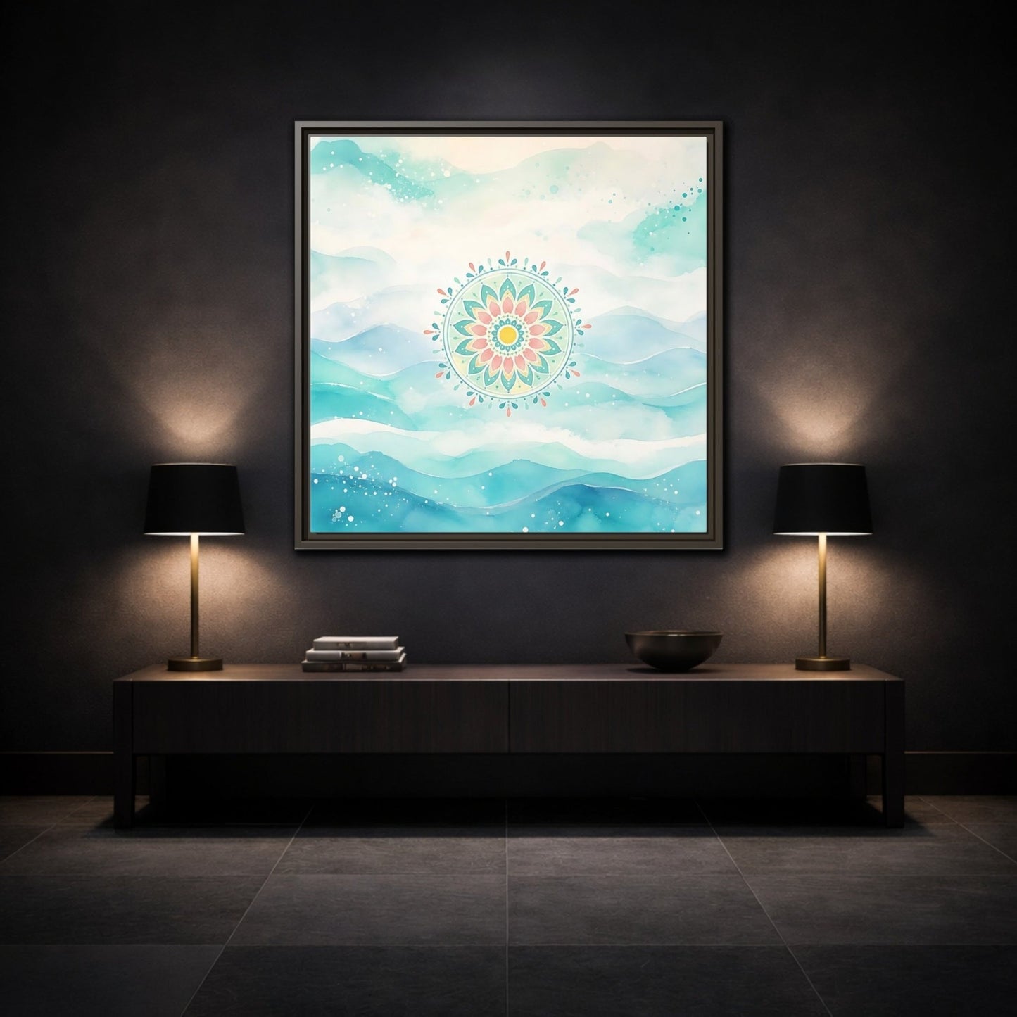 Abstract Mandala Teal Framed Canvas Print Wall Art – watercolor Living Room, Above Couch - YesArtYes
