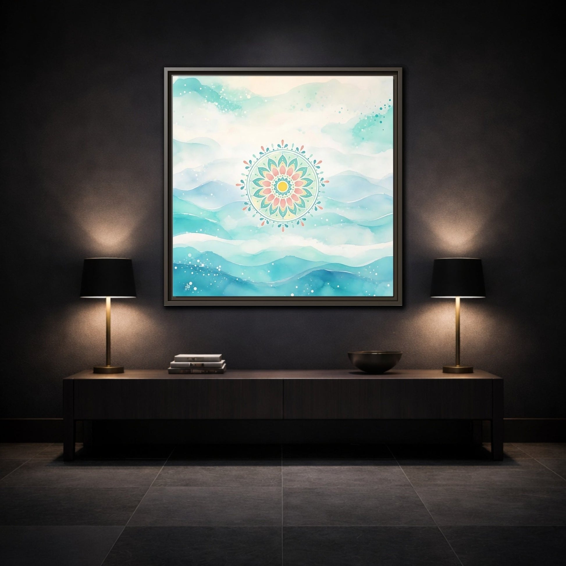 Abstract Mandala Teal Framed Canvas Print Wall Art – watercolor Living Room, Above Couch - YesArtYes