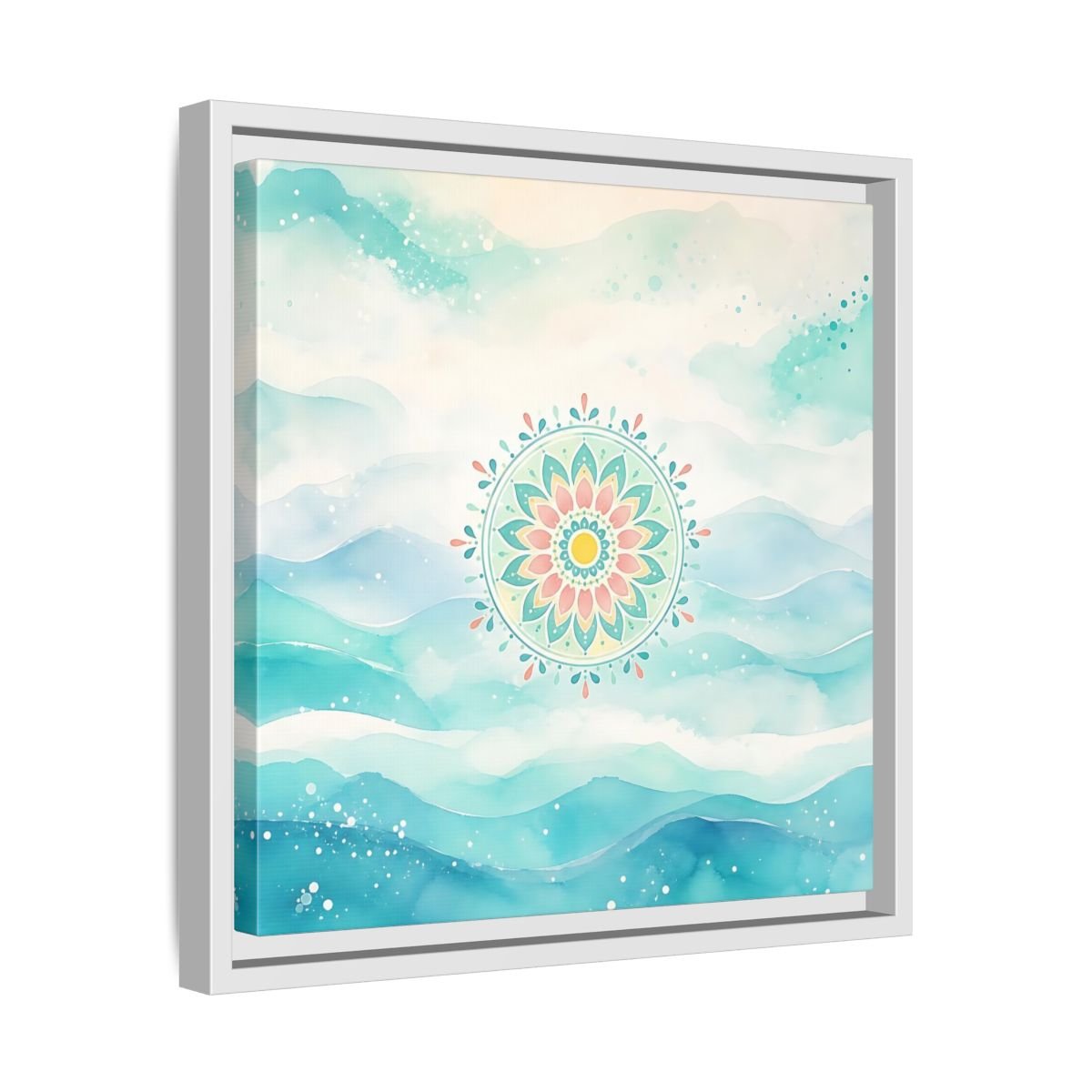 Abstract Mandala Teal Framed Canvas Print Wall Art – watercolor Living Room, Above Couch - YesArtYes