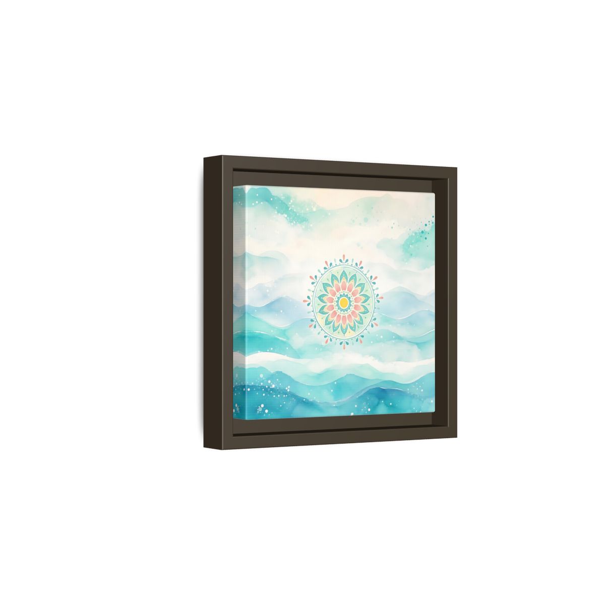Side Mockup 2. Abstract Mandala Teal Mandala shown as framed canvas print
