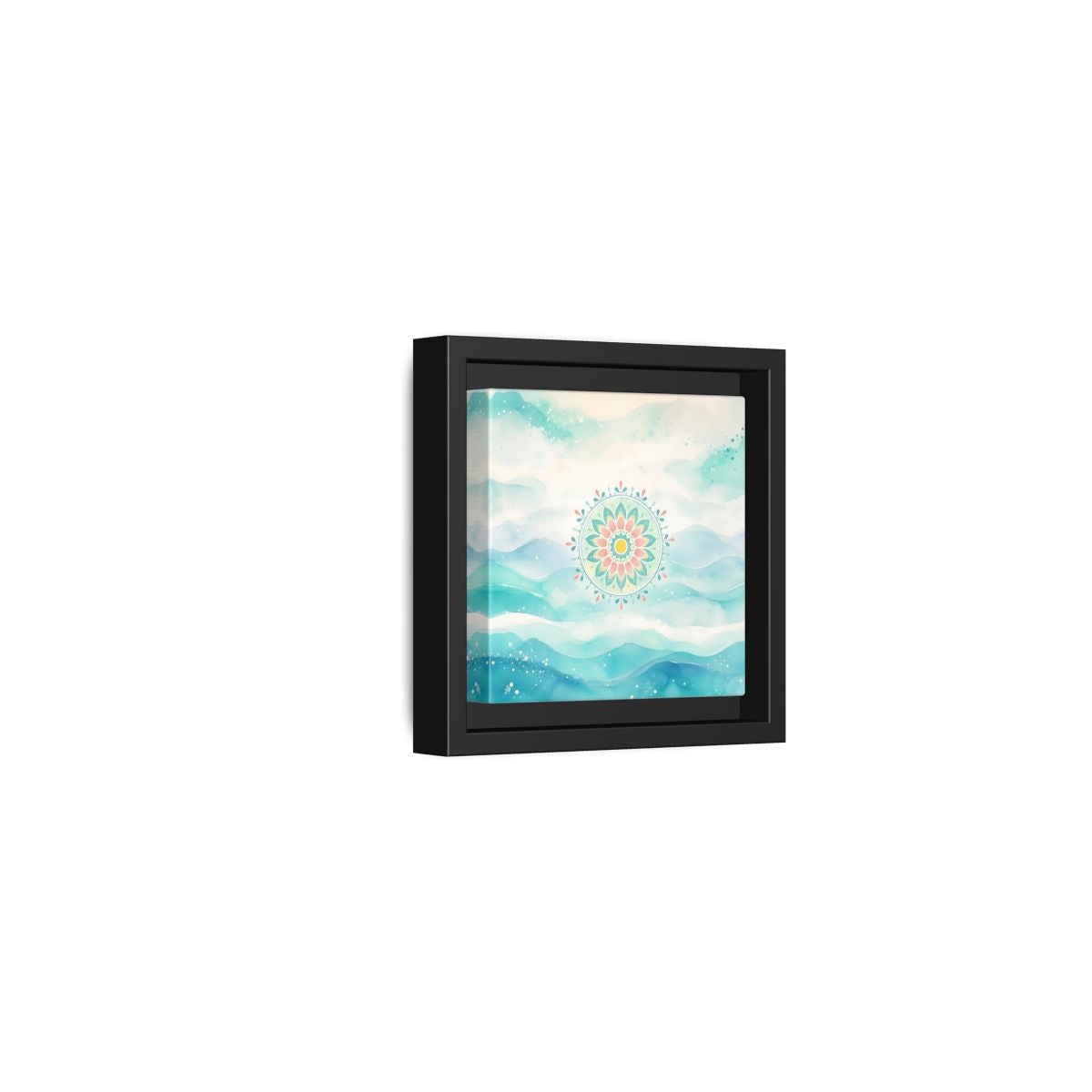 Side Mockup 24. Abstract Mandala Teal Mandala shown as framed canvas print