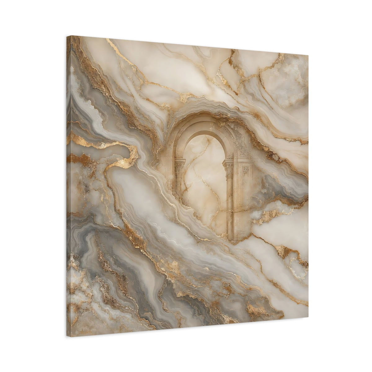 Main Mockup. Abstract Marble Arch Gold And Grey shown as stretched canvas wall art