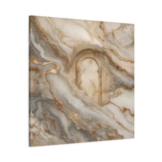 Main Mockup. Abstract Marble Arch Gold And Grey shown as stretched canvas wall art