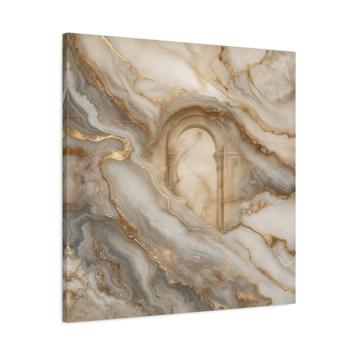 Side Mockup 3. Abstract Marble Arch Gold And Grey shown as stretched canvas wall art