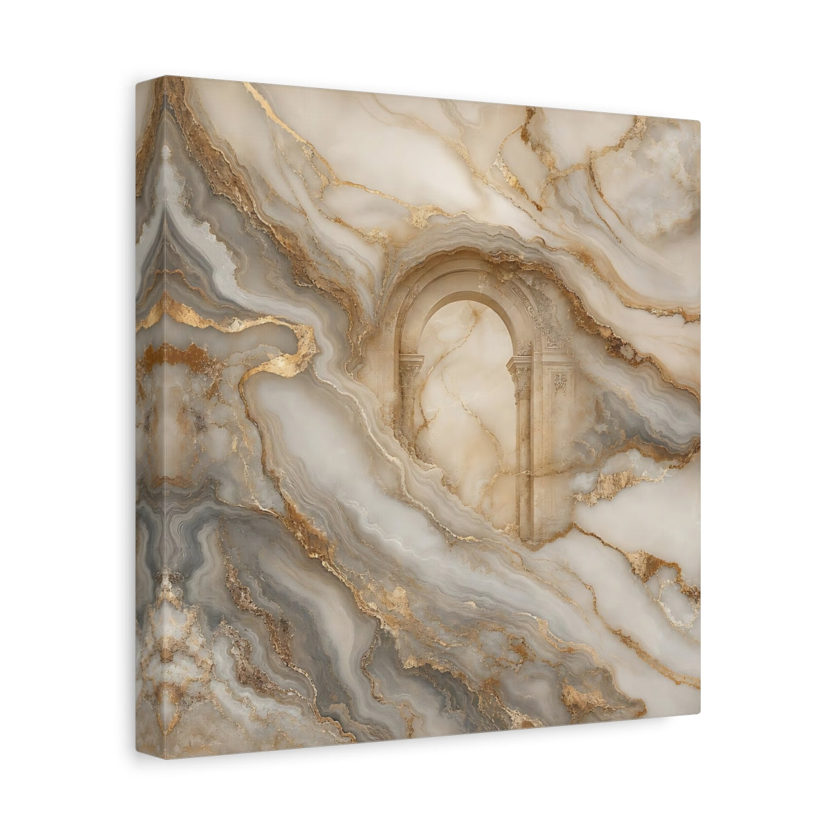 Side Mockup 8. Abstract Marble Arch Gold And Grey shown as stretched canvas wall art