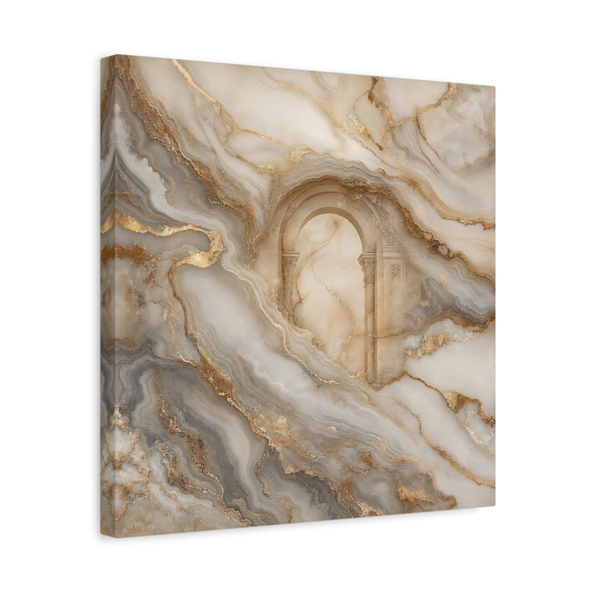 Side Mockup 6. Abstract Marble Arch Gold And Grey shown as stretched canvas wall art