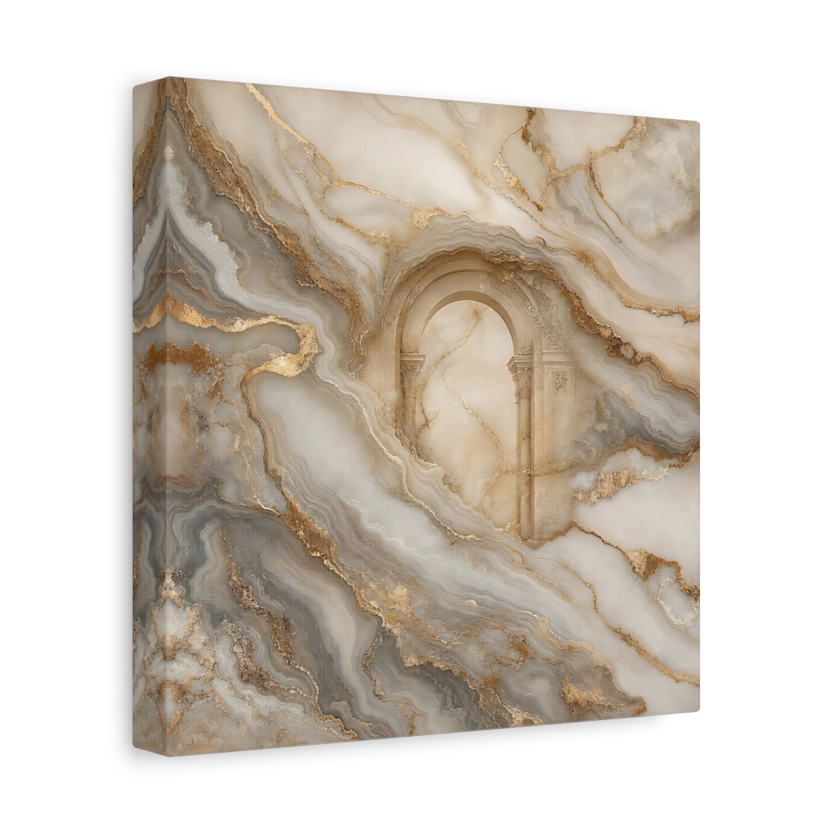 Side Mockup 9. Abstract Marble Arch Gold And Grey shown as stretched canvas wall art
