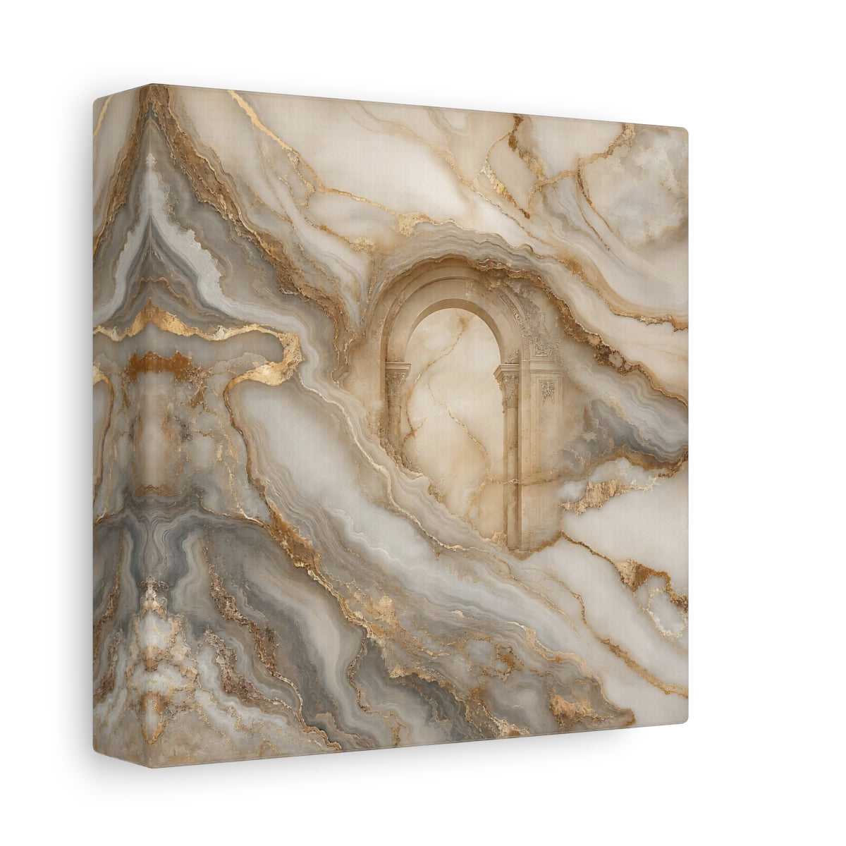 Side Mockup 2. Abstract Marble Arch Gold And Grey shown as stretched canvas wall art